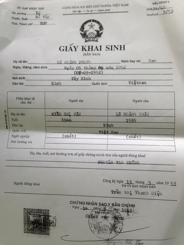 Giấy khai sinh Le Hoang Phong