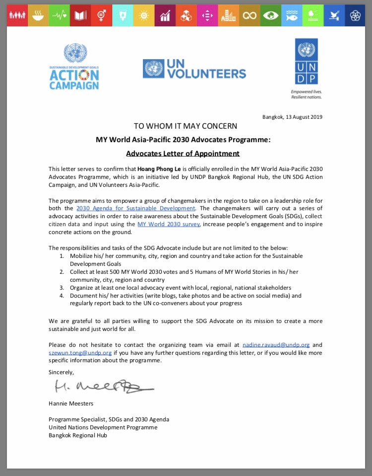 Thư xác nhận anh Lê Hoàng Phong trở thành thành viên Ban Vận động chính sách của UNDP khu vực Châu Á Thái Bình Dương