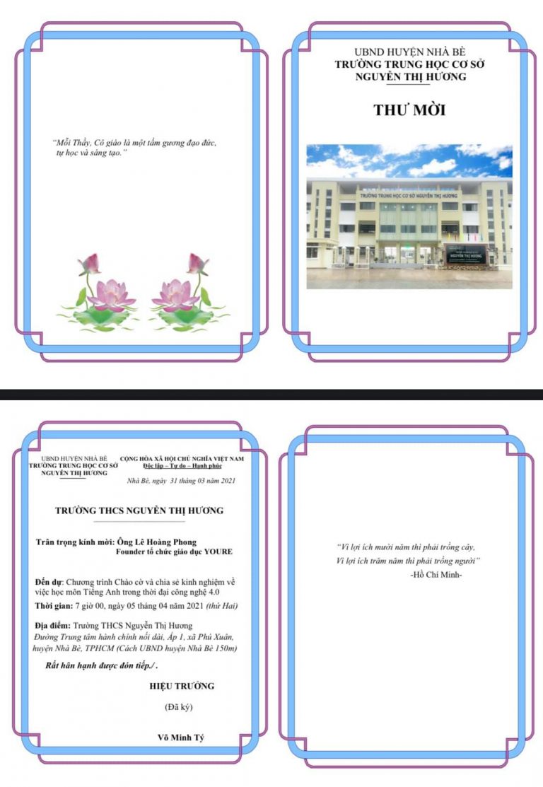 Thư mời của THCS Nguyễn Thị Hương cho Founder YOURE